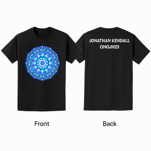 “Black T-shirt with a blue and purple celestial mandala on the front and ‘Jonathan Kendall Onojh23’ printed on the back.”