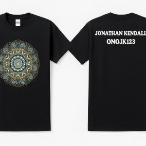 “Black T-shirt featuring a detailed golden mandala design on the front and the text ‘Jonathan Kendall ONOJK123’ printed on the back.”