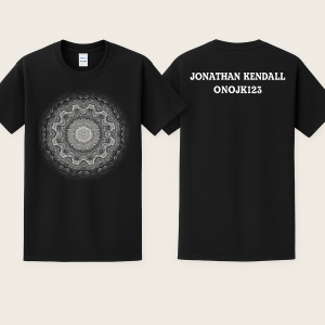 “Black T-shirt with a detailed grayscale infinite mandala on the front and ‘Jonathan Kendall Onojk123’ printed on the back.”