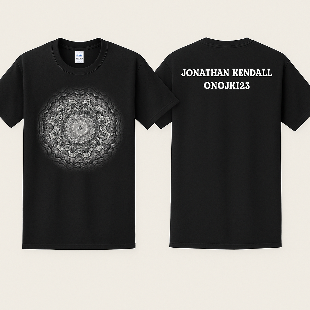 Infinite Mandala Tee – onojk123 “Black T-shirt with a detailed grayscale infinite mandala on the front and ‘Jonathan Kendall Onojk123’ printed on the back.”